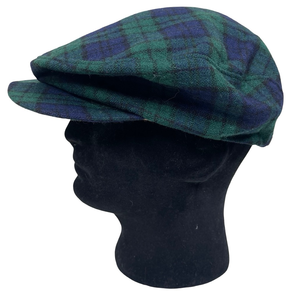 Vintage Olympic Headwear Mens Plaid Wool Flat Cabbie Cap Size-A-Matic Blue Green